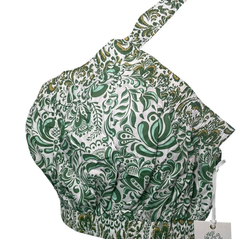 Hyacinth House Gina Crop Top Green Floral One Shoulder Cotton Size M NWT